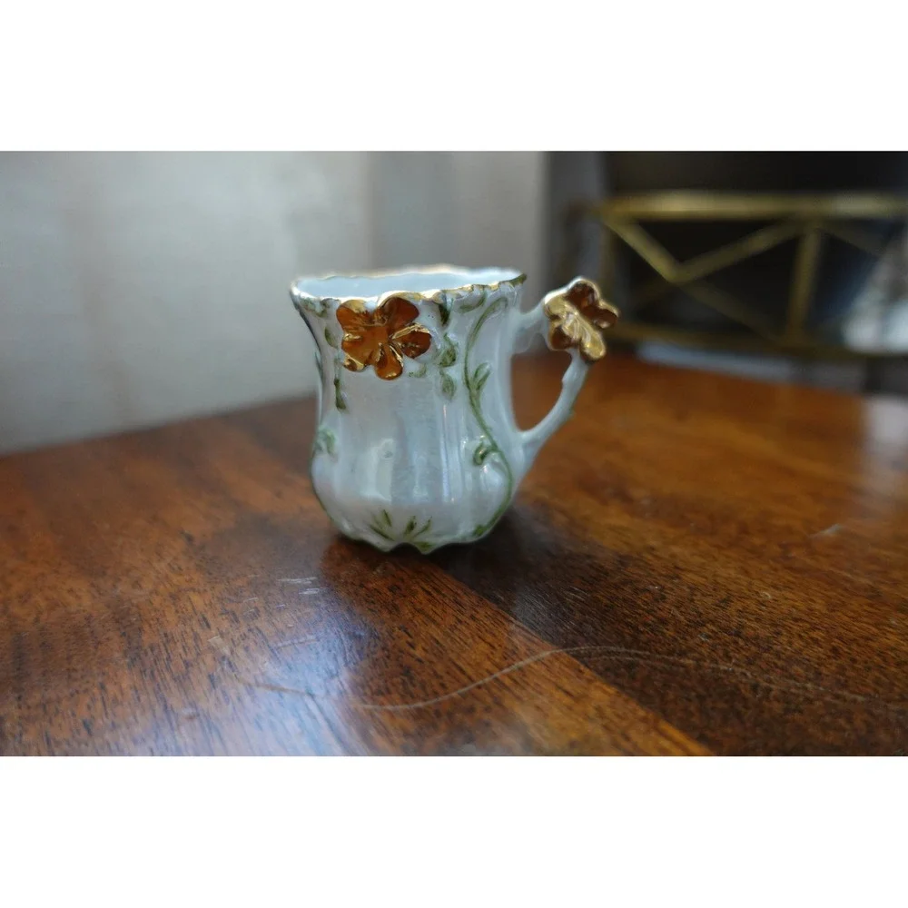 Vintage Miniature Porcelain Demitasse Cup White Gold Shamrock Clover Collectible